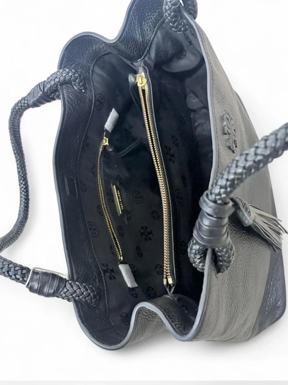 NWT Black Tory Burch Leather Tote Handbag with Braided Handles - Picture 7 of 9